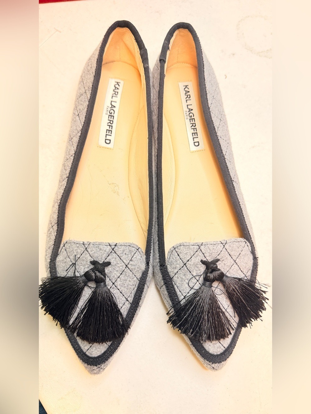 Karl Lagerfeld Gray Quilted Pointed Flats with Black Tassels - Picture 1 of 8